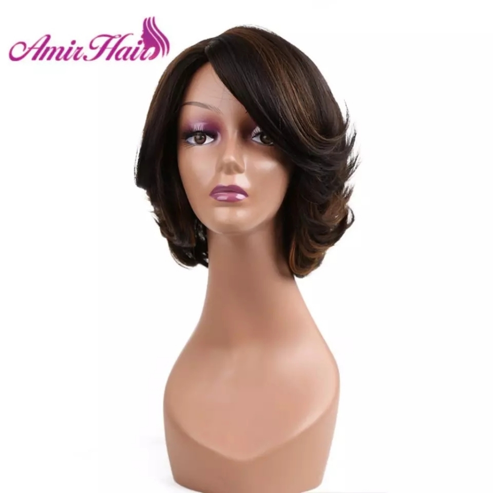 Amir Black Wavy Wigs Short Synthetic Hair For Women Ombre Brown and Black Color